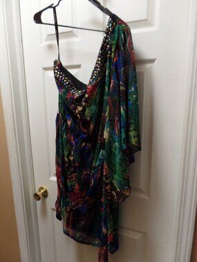 *NWT* Bisou Bisou 16 L One Shoulder Sequined Multi Peacock Dress Lined Belted